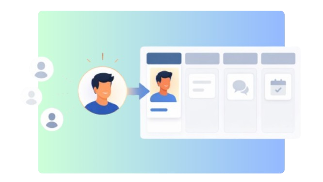 Personalized candidate hub with profile, messaging, and scheduling cards