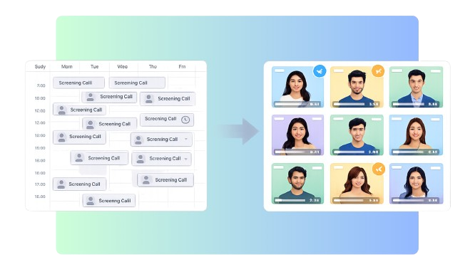 Personalized candidate hub with profile, messaging, and scheduling cards